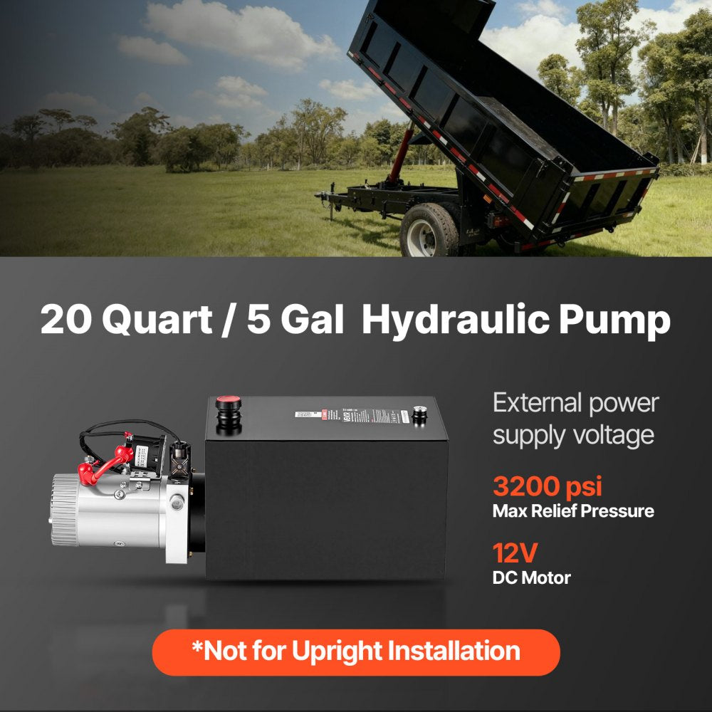 VEVOR 20 Quart Hydraulic Pump, Single Acting Hydraulic Power Unit, 3200 PSI Max Relief Pressure, 0.91 GPM Flow Rate, DC12V 1.6KW Power Unit for Dump Trailer Car Lifting (Horizontal Installation)