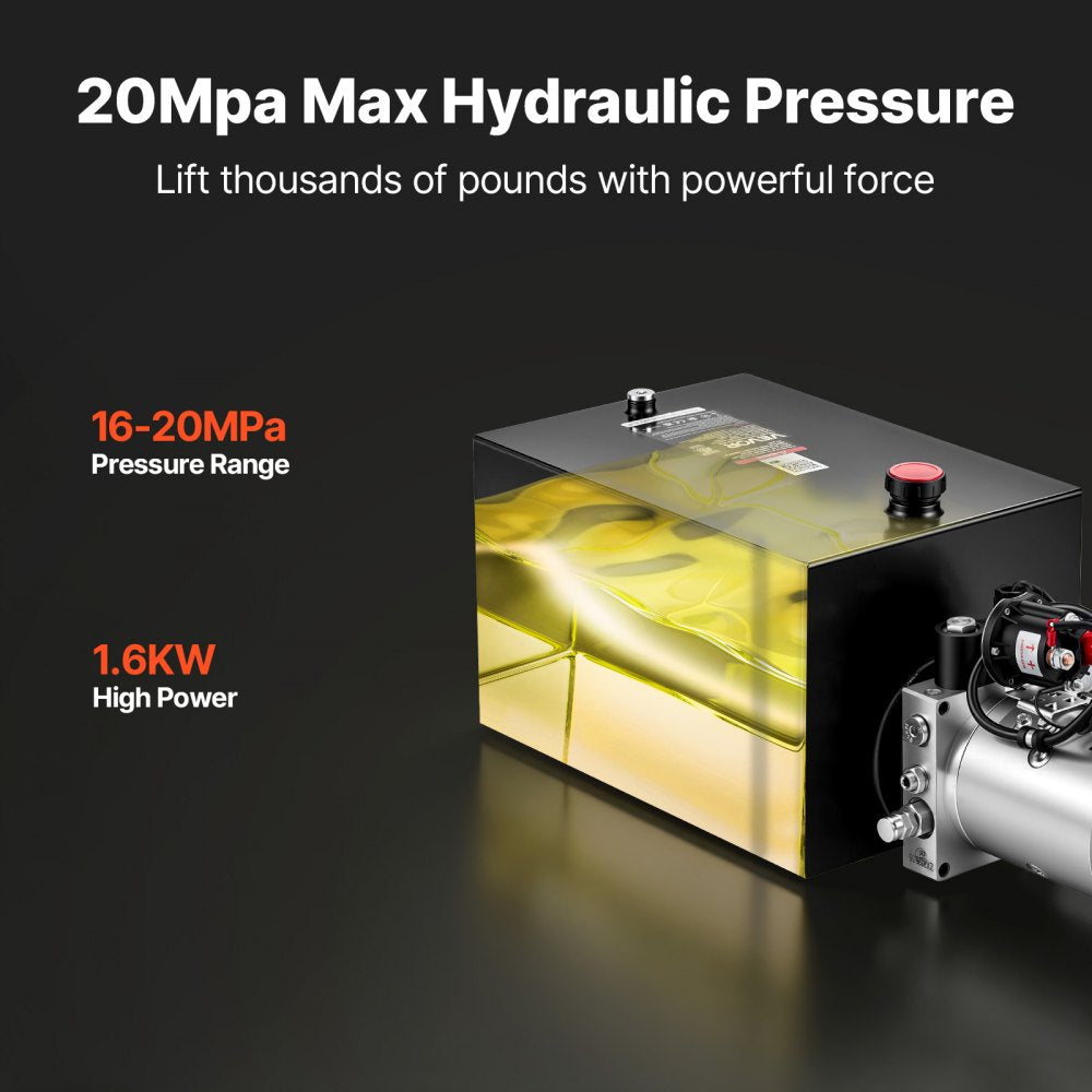 VEVOR 20 Quart Hydraulic Pump, Single Acting Hydraulic Power Unit, 3200 PSI Max Relief Pressure, 0.91 GPM Flow Rate, DC12V 1.6KW Power Unit for Dump Trailer Car Lifting (Horizontal Installation)