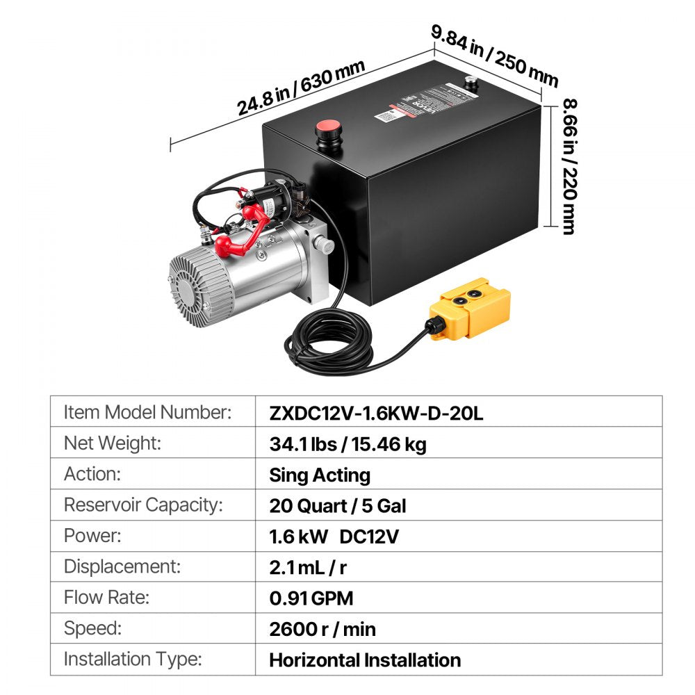 VEVOR 20 Quart Hydraulic Pump, Single Acting Hydraulic Power Unit, 3200 PSI Max Relief Pressure, 0.91 GPM Flow Rate, DC12V 1.6KW Power Unit for Dump Trailer Car Lifting (Horizontal Installation)