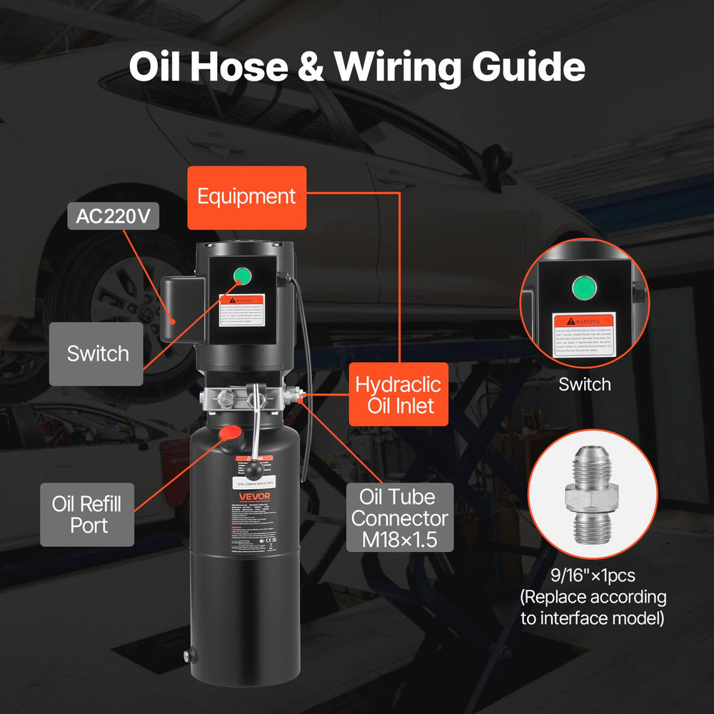 VEVOR oil hose and wiring guide graphic - M18x1.5 and 9/16 inch fitting callouts