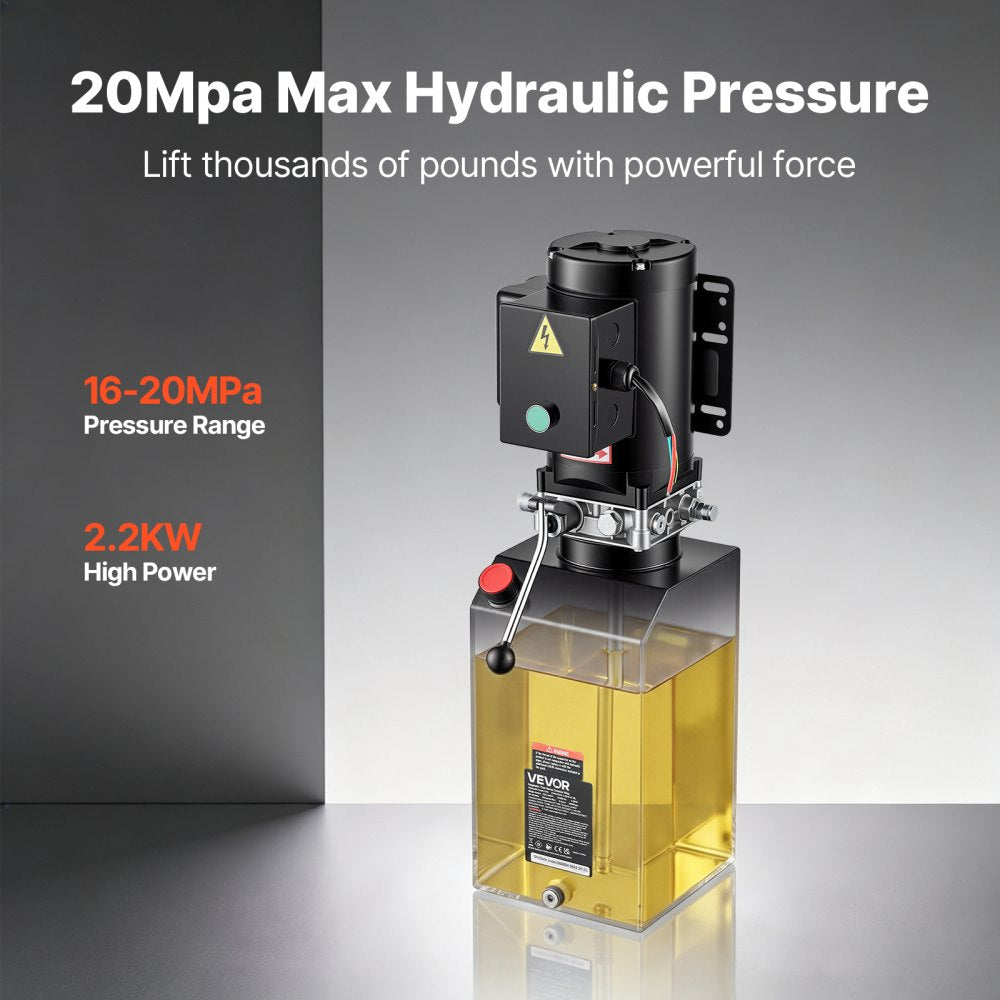 VEVOR 15 Quart Hydraulic Pump, 2.2KW Hydraulic Dump Trailer Pump Single Acting, 3200 PSI Max Relief Pressure, 1.7 GPM Flow Rate, AC220-240V Hydraulic Power Unit Car Lift (Vertical Installation)