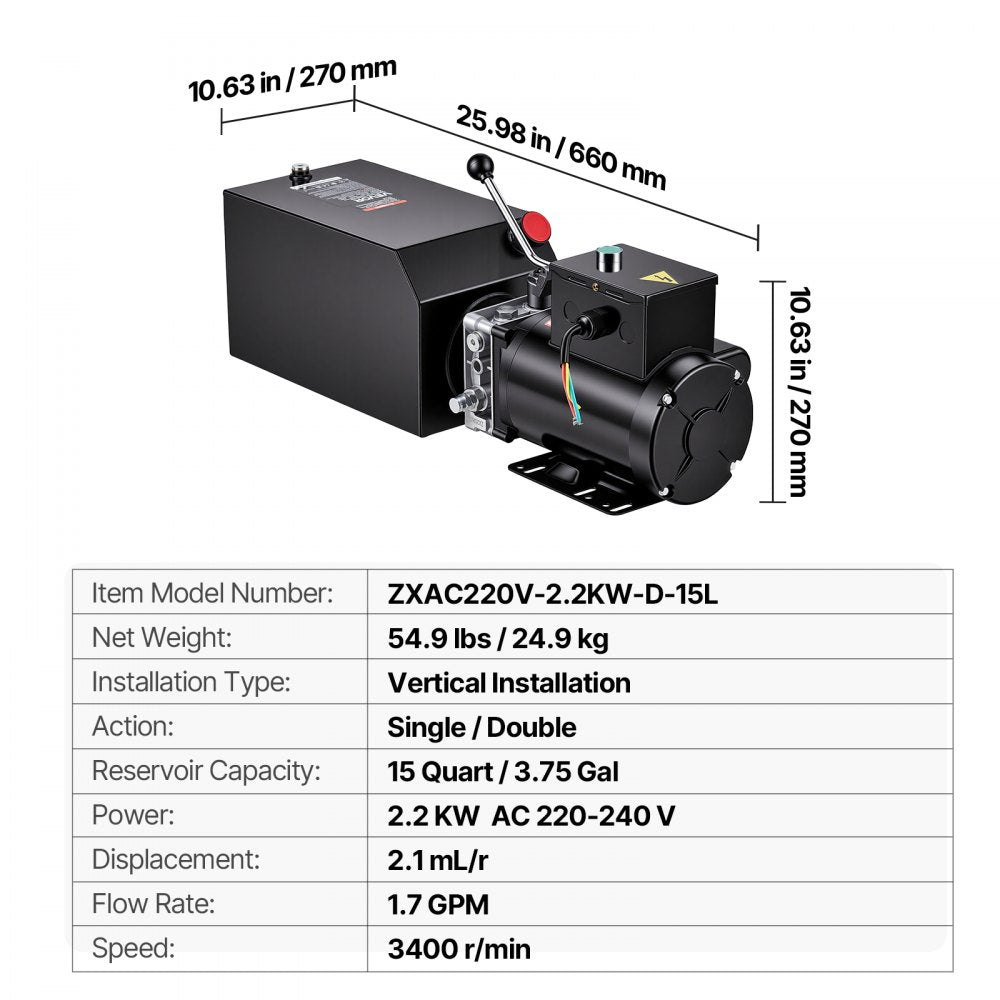 VEVOR 15 Quart Hydraulic Pump, 2.2KW Hydraulic Dump Trailer Pump Single Acting, 3200 PSI Max Relief Pressure, 1.7 GPM Flow Rate, AC220-240V Hydraulic Power Unit Car Lift (Vertical Installation)