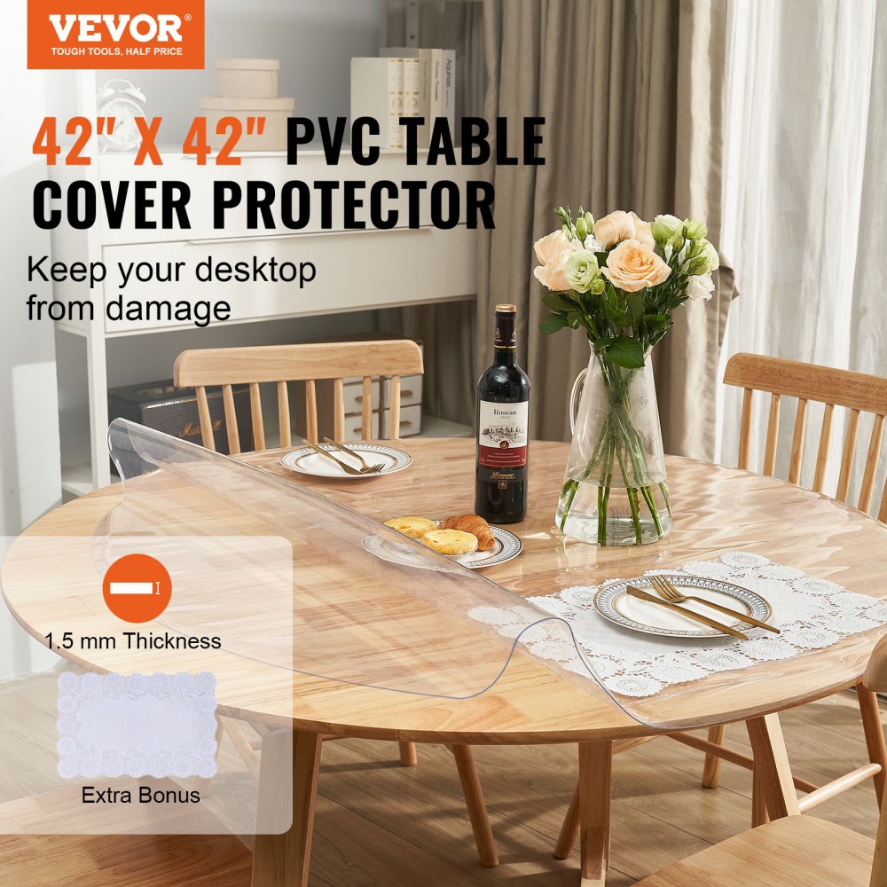 VEVOR Clear Table Cover Protector, 42 inch/1068 mm Round Table Cover, 1.5 mm Thick PVC Plastic Tablecloth, Waterproof Desktop Protector for Writing Desk, Coffee Table, Dining Room Table