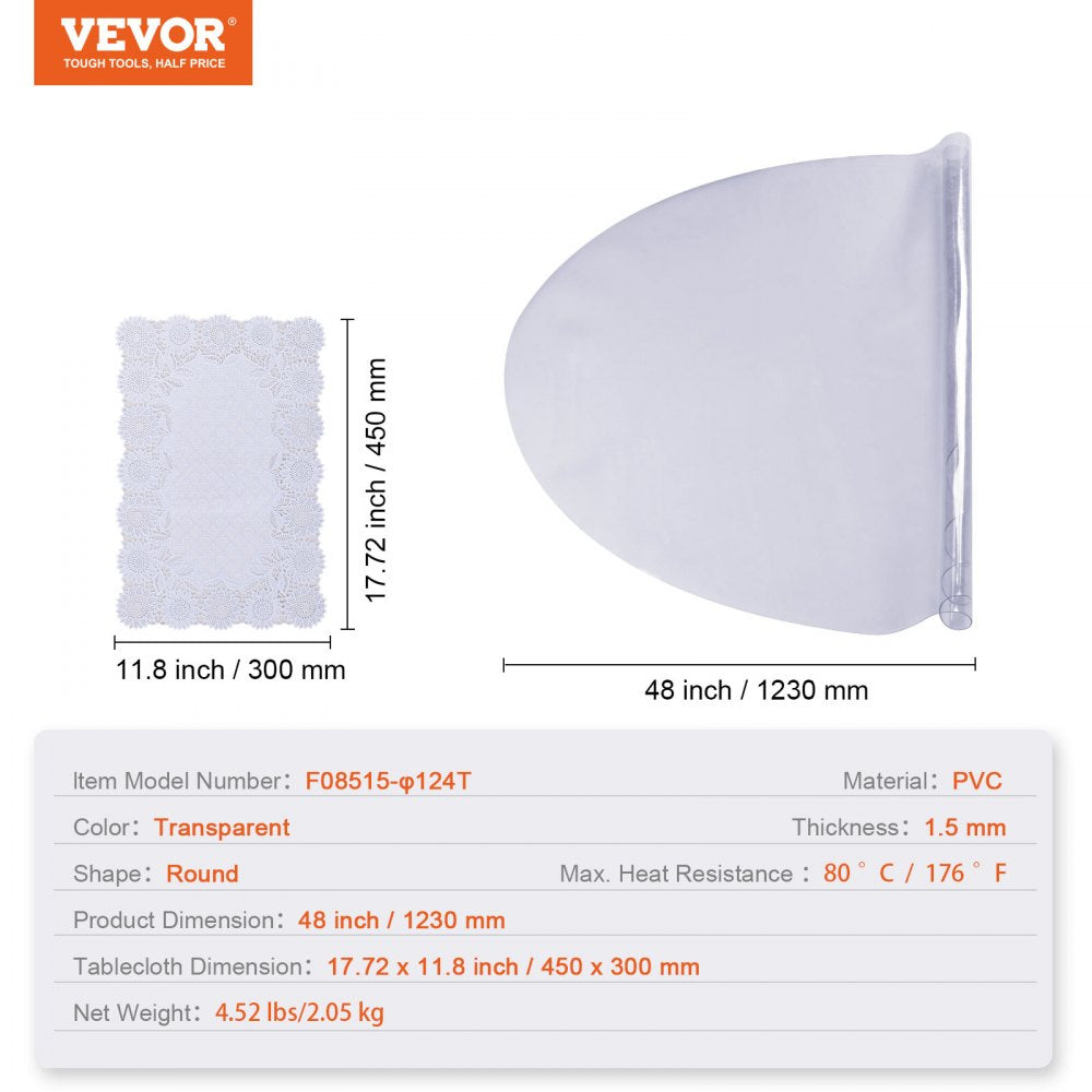VEVOR Clear Table Cover Protector, 48 inch/1230 mm Round Table Cover, 1.5 mm Thick PVC Plastic Tablecloth, Waterproof Desktop Protector for Writing Desk, Coffee Table, Dining Room Table