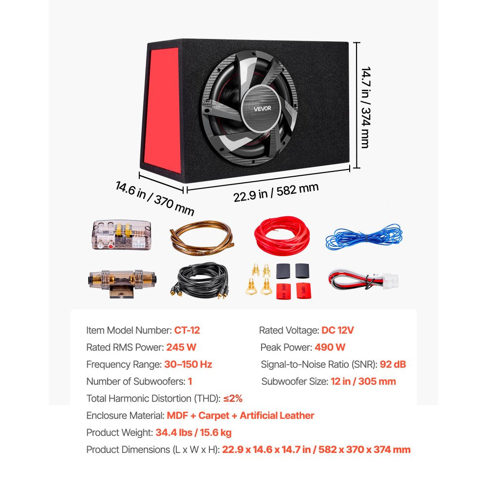VEVOR Subwoofer Bass Package, 12 in, 245W RMS, Complete Car Audio Subwoofer and Amp Package, with Loaded Enclosure, Built-in Amplifier, and Wiring Kit, Slim Trapezoid , Compact for Car Audio Systems