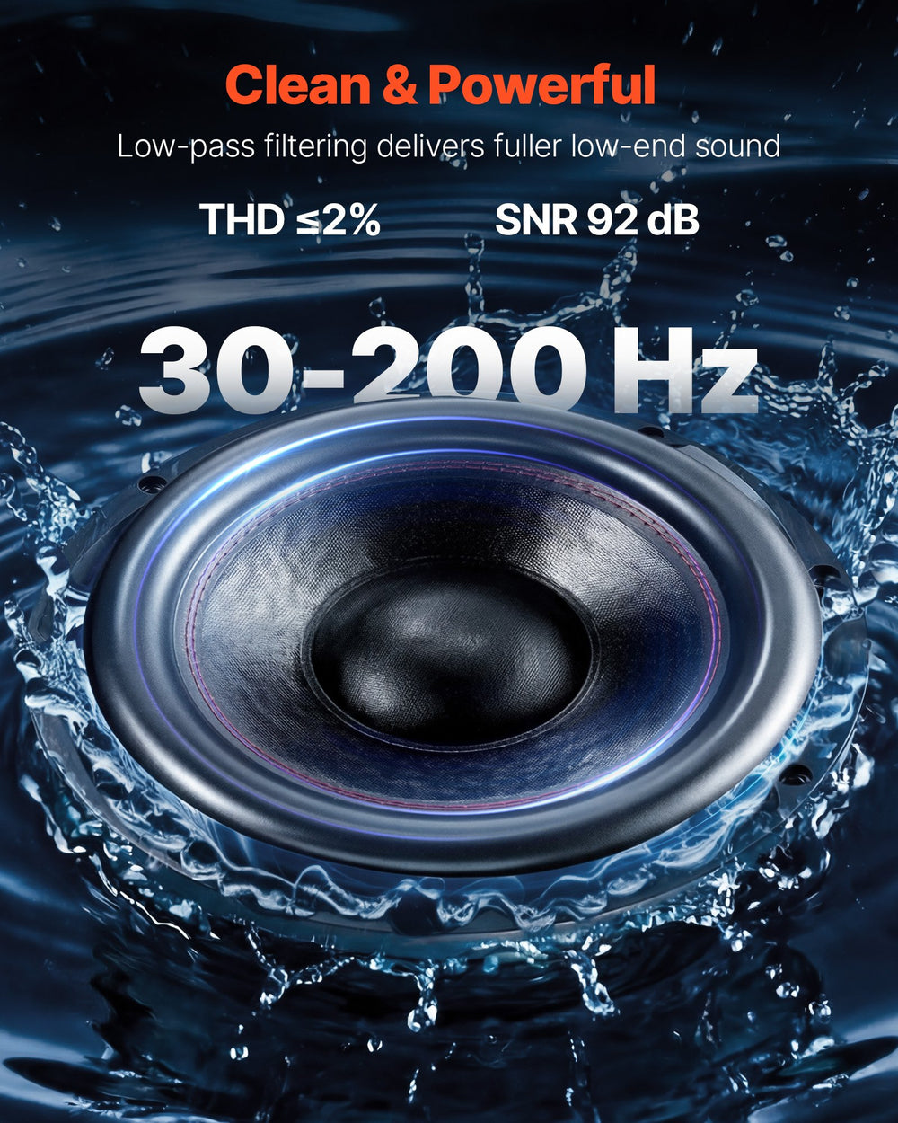 Clean and powerful low-end output (30–200 Hz, THD ≤2%, SNR 92 dB)