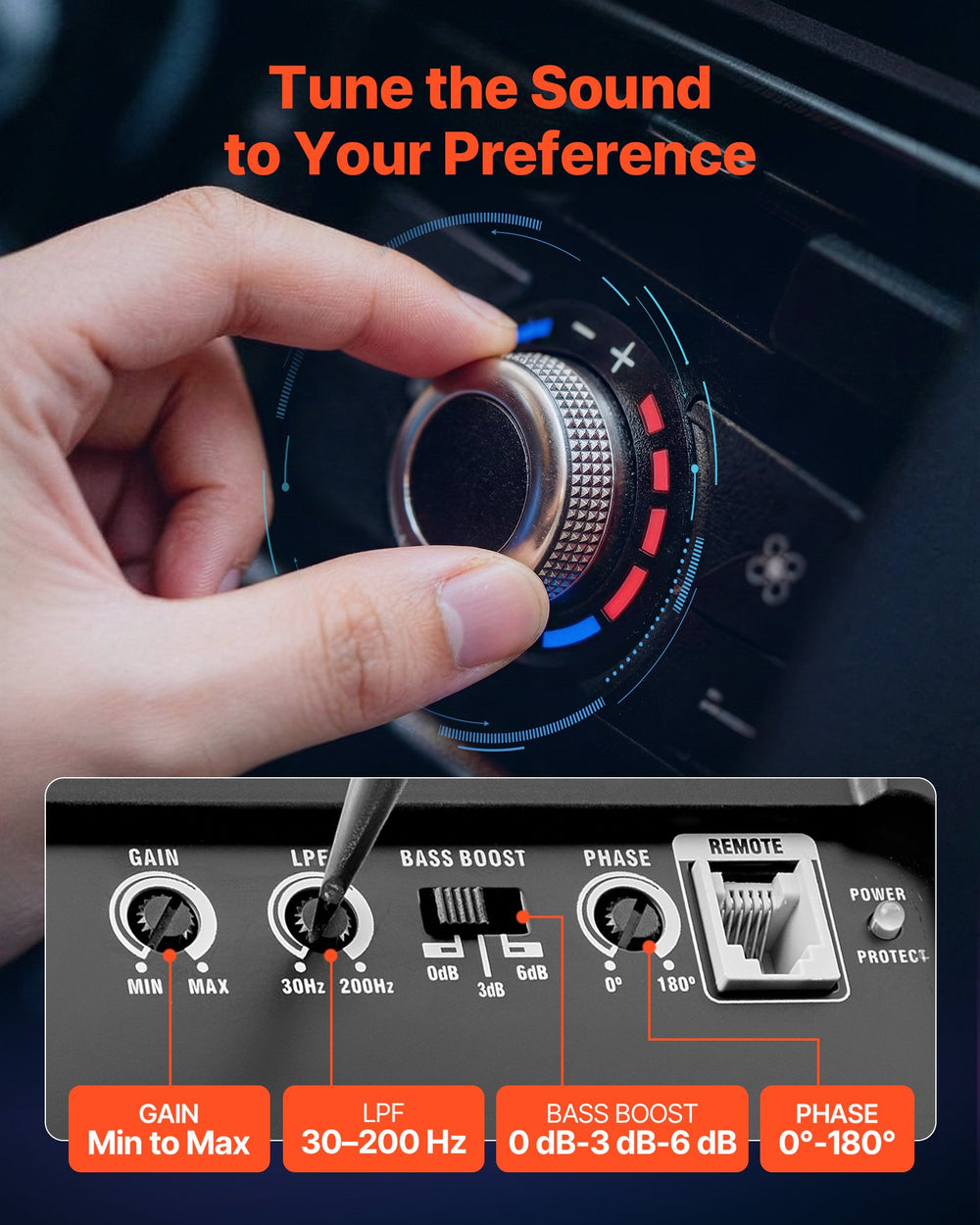Adjustable amplifier controls (Gain, LPF 30–200 Hz, Bass Boost, Phase)