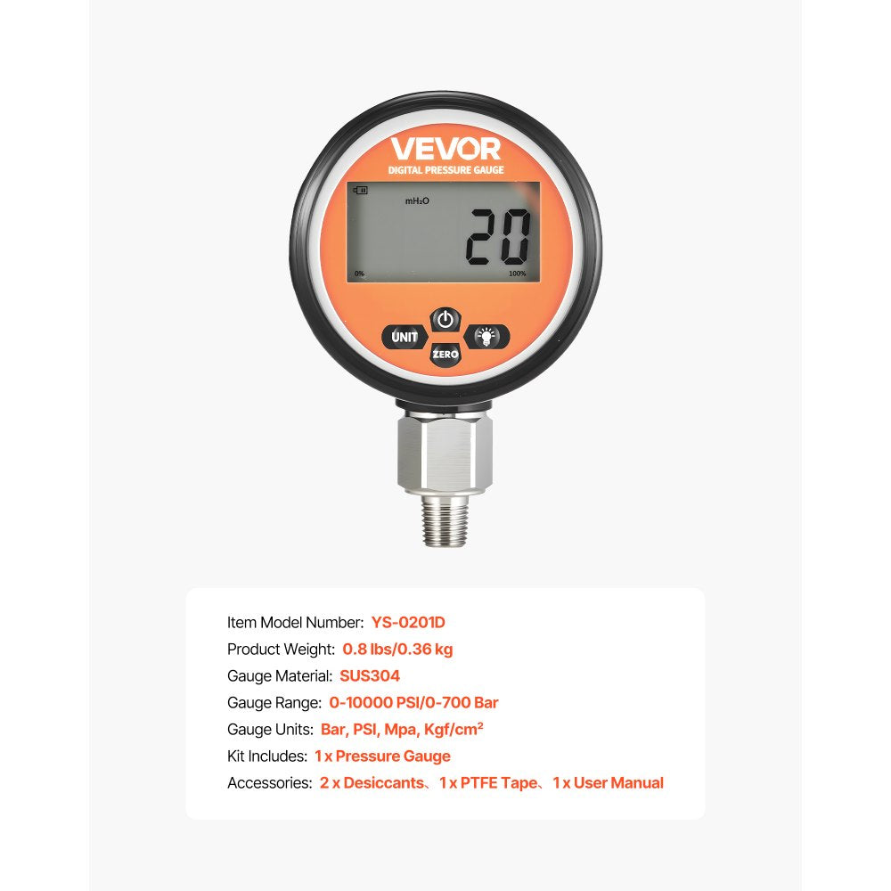 VEVOR Digital Hydraulic Pressure Gauge, 0-10000 PSI (0-700 Bar) Hydraulic Pressure Sensor, Manometer Tester with 1/4 inch NPT Base Entry for Excavator Construction Machinery, Stainless Steel Housing