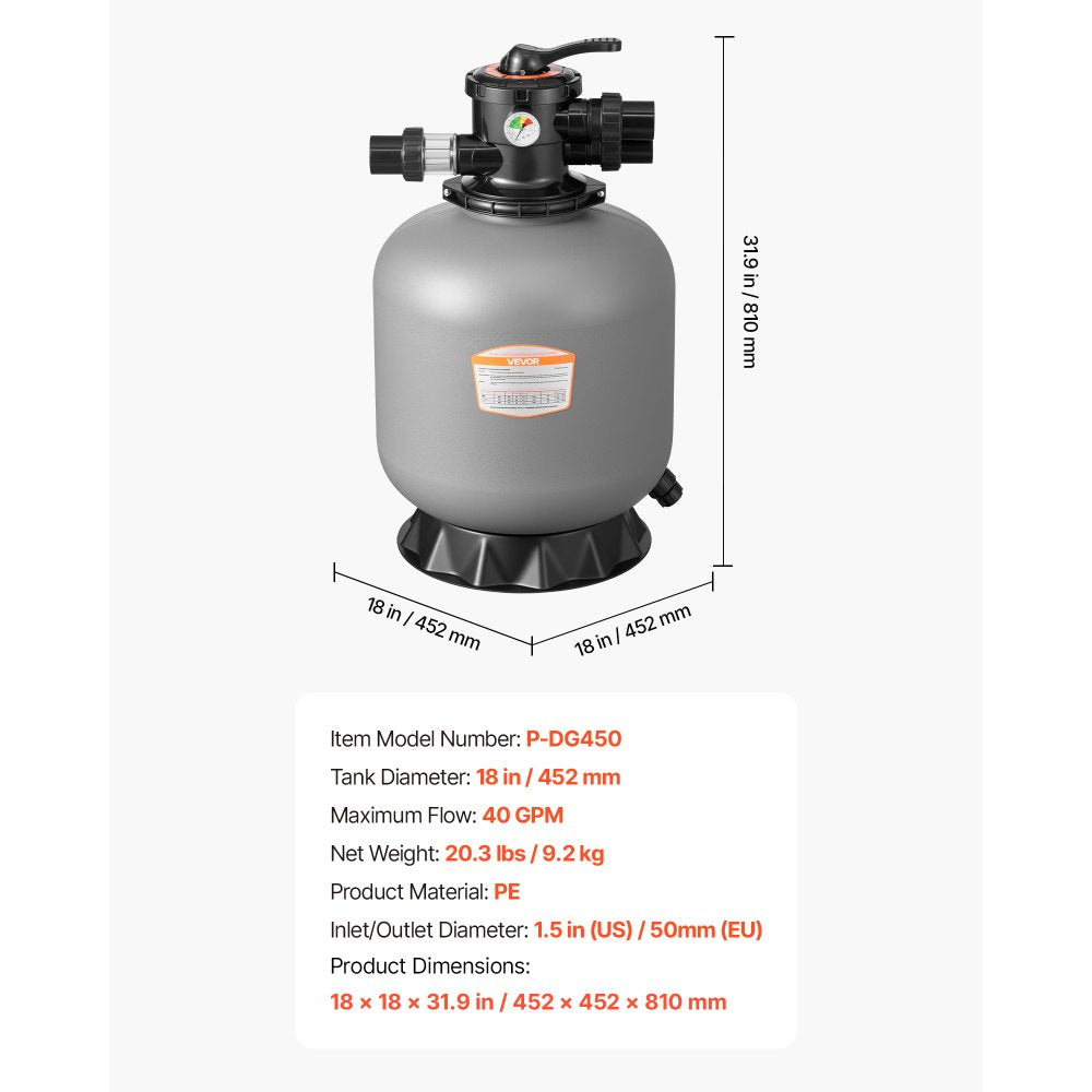 VEVOR Sand Filter, 18-Inch, 40 GPM Above Inground Swimming Pool Sand Filter System, with 7-Way Multi-Port Valve, Backwash, Rinse, Recirculate, Waste, Winter, Closed Modes, for Above In Ground Pools