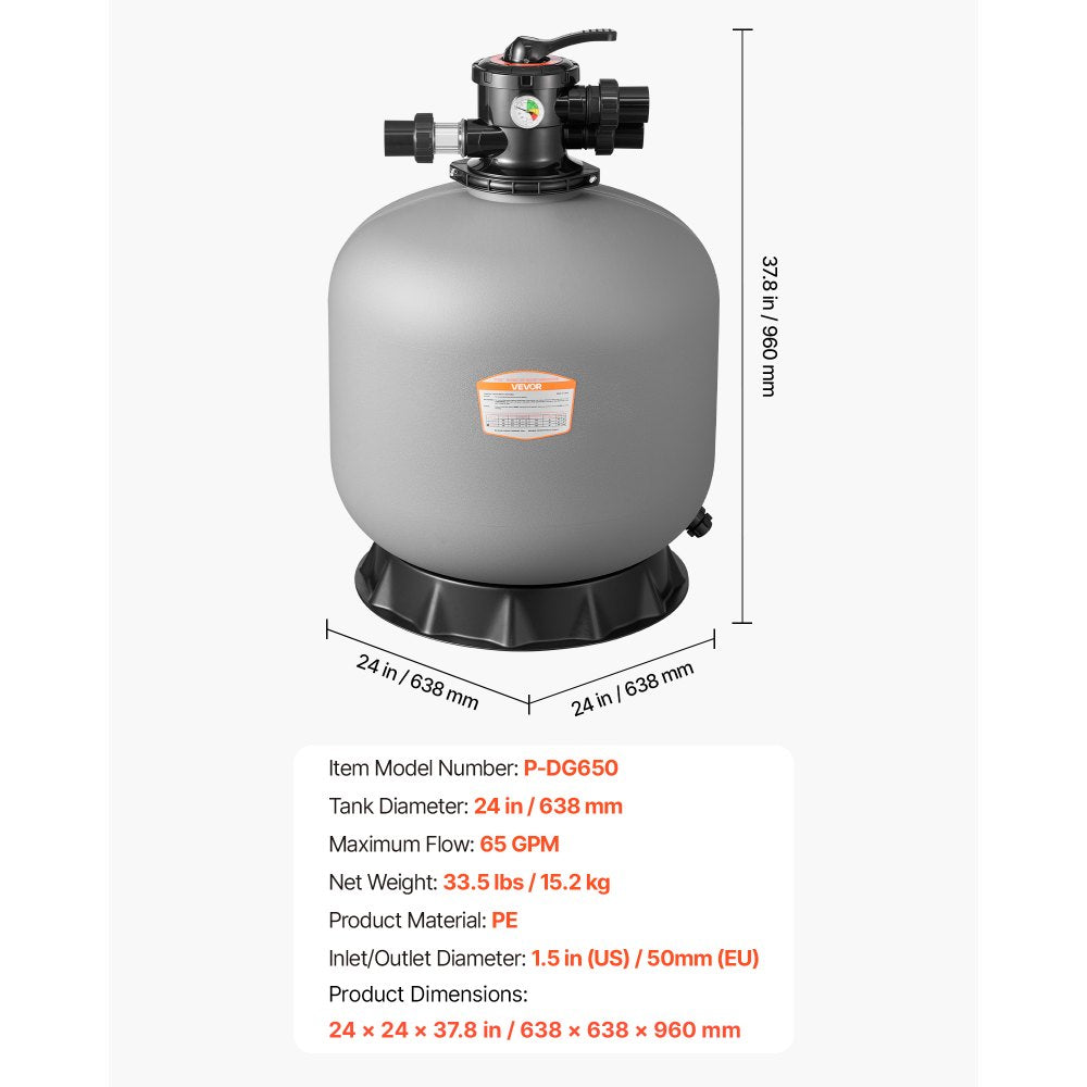 VEVOR Sand Filter, 24-Inch, 65 GPM Above Inground Swimming Pool Sand Filter System, with 7-Way Multi-Port Valve, Backwash, Rinse, Recirculate, Waste, Winter, Closed Modes, for Above In Ground Pools
