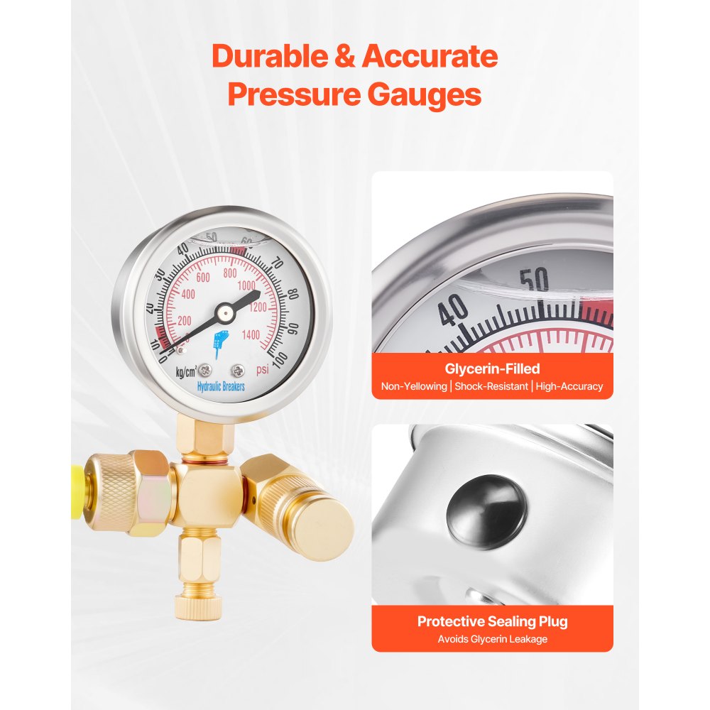 VEVOR Hydraulic Nitrogen Accumulator Charging Kit, 0-1420 PSI Nitrogen Fill Kit, Pressure Test System with 1 Pressure Gauge, 1 Gas Hose, 1 Valve Body and 1 CGA580 Adapter for Construction Machinery