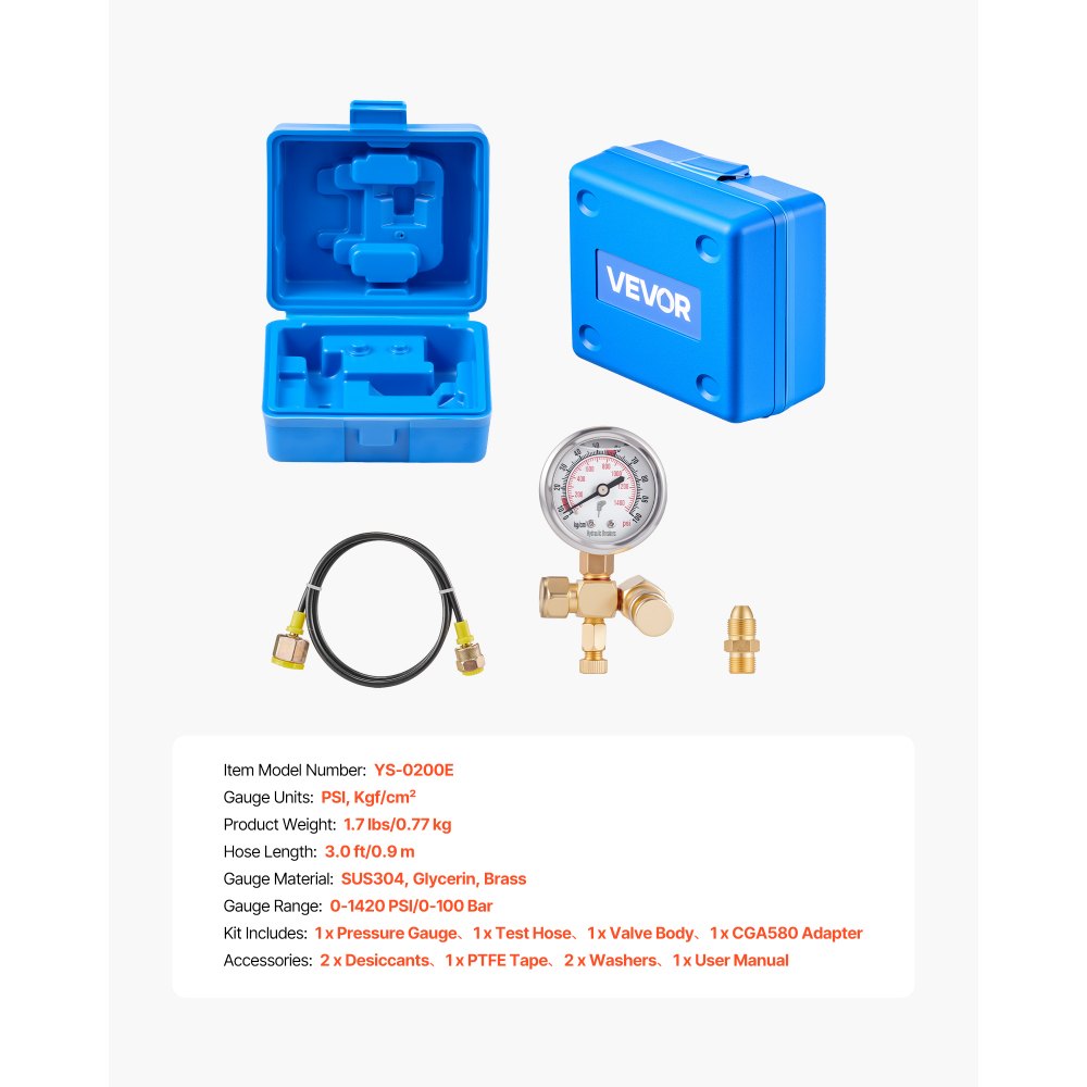 VEVOR Hydraulic Nitrogen Accumulator Charging Kit, 0-1420 PSI Nitrogen Fill Kit, Pressure Test System with 1 Pressure Gauge, 1 Gas Hose, 1 Valve Body and 1 CGA580 Adapter for Construction Machinery