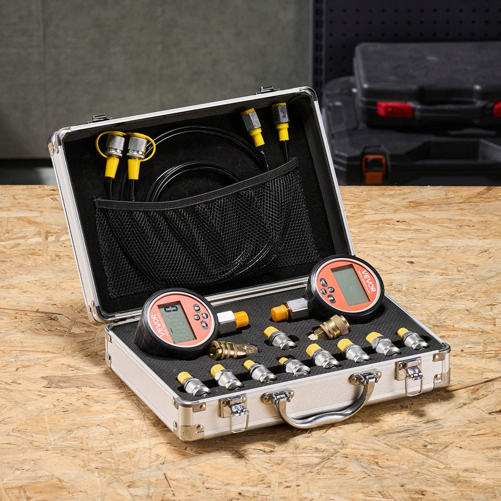 VEVOR Digital Hydraulic Pressure Test Coupling Kit, 10000 PSI Pressure Gauge Manometer Tester with 2 Gauges, 9 Test Couplings, 2 Quick-Release Couplers, 2 Hoses for Excavator Construction Machinery