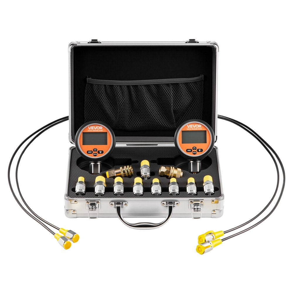 VEVOR Digital Hydraulic Pressure Test Coupling Kit, 10000 PSI Pressure Gauge Manometer Tester with 2 Gauges, 9 Test Couplings, 2 Quick-Release Couplers, 2 Hoses for Excavator Construction Machinery