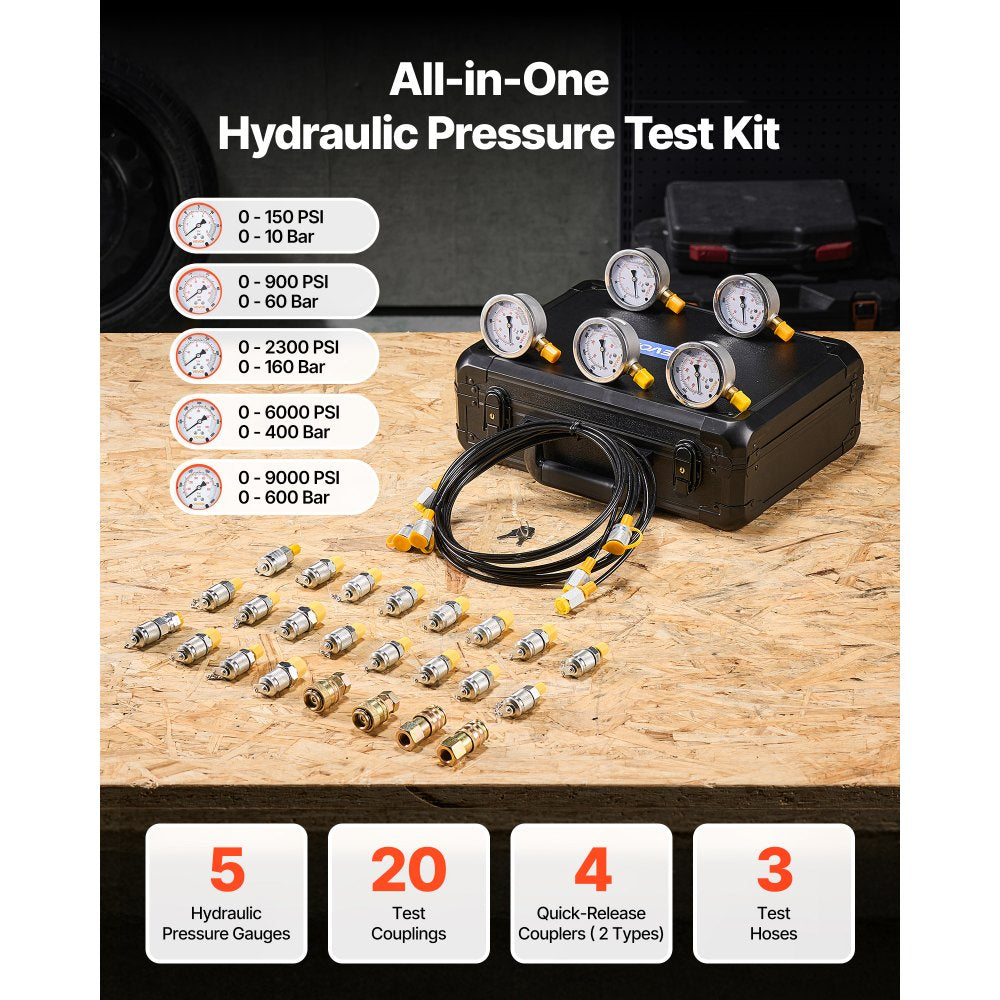 VEVOR Hydraulic Pressure Test Kit, 150/900/2300/6000/9000 PSI (10/60/160/400/600 Bar), Hydraulic Gauge Kit 5 Gauges 20 Couplings 4 Quick-Release Couplers 3 Hoses for Excavator Construction Machinery