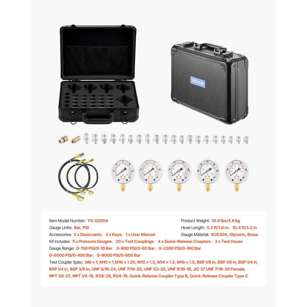 VEVOR Hydraulic Pressure Test Kit, 150/900/2300/6000/9000 PSI (10/60/160/400/600 Bar), Hydraulic Gauge Kit 5 Gauges 20 Couplings 4 Quick-Release Couplers 3 Hoses for Excavator Construction Machinery