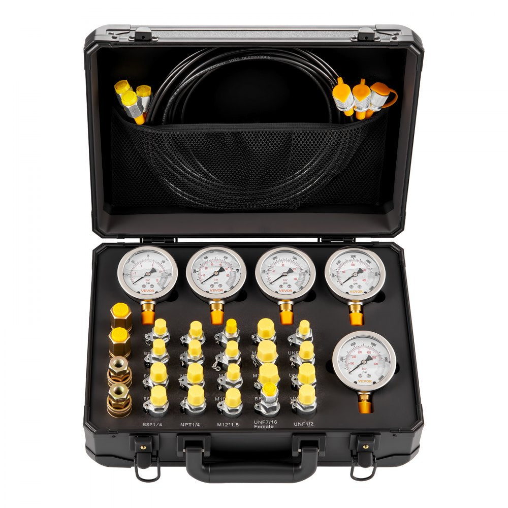 VEVOR Hydraulic Pressure Test Kit, 150/900/2300/6000/9000 PSI (10/60/160/400/600 Bar), Hydraulic Gauge Kit 5 Gauges 20 Couplings 4 Quick-Release Couplers 3 Hoses for Excavator Construction Machinery
