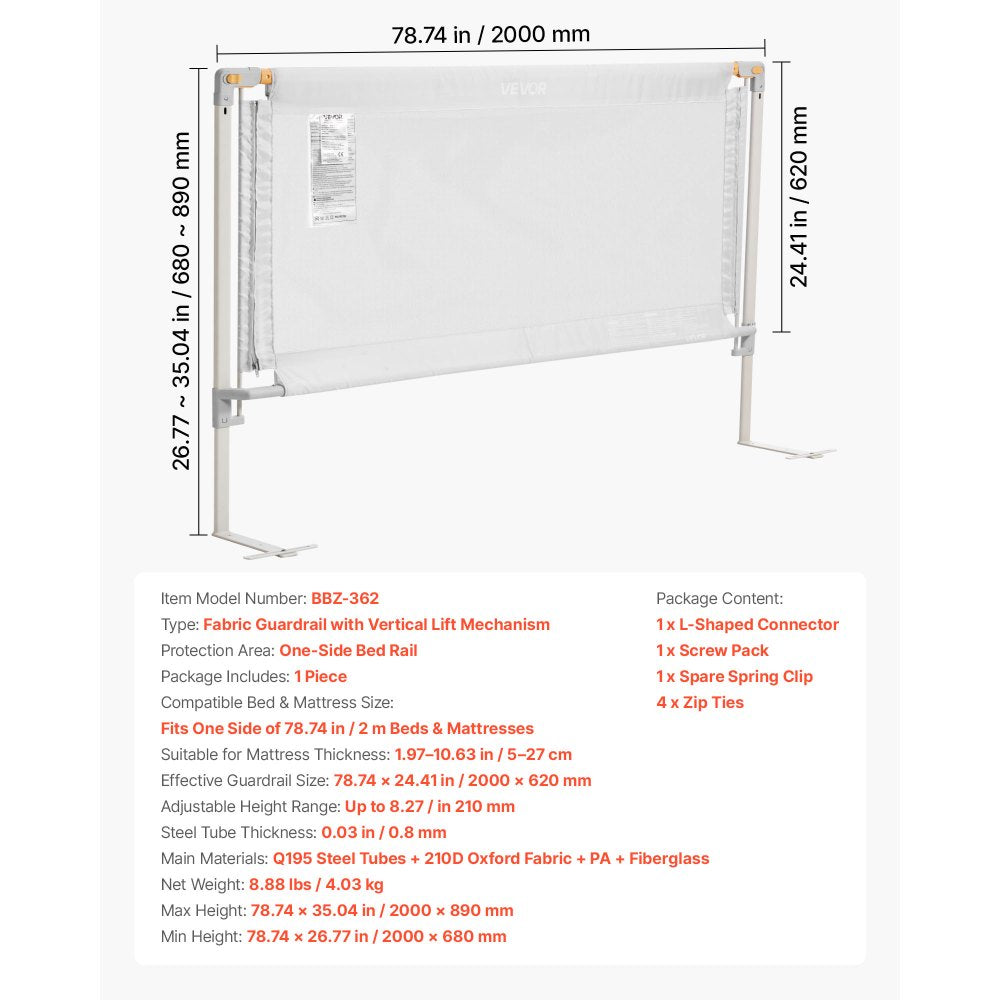 VEVOR Toddler Bed Rail, Kids Beds Guard Rail with Reinforced Iron Pipe and Oxford Cloth, Adjustable Height Bed Side Railing, Portable Guard Bumper Barrier for Crib, Bunk, 78.74 x 35.04 in, 1 Piece