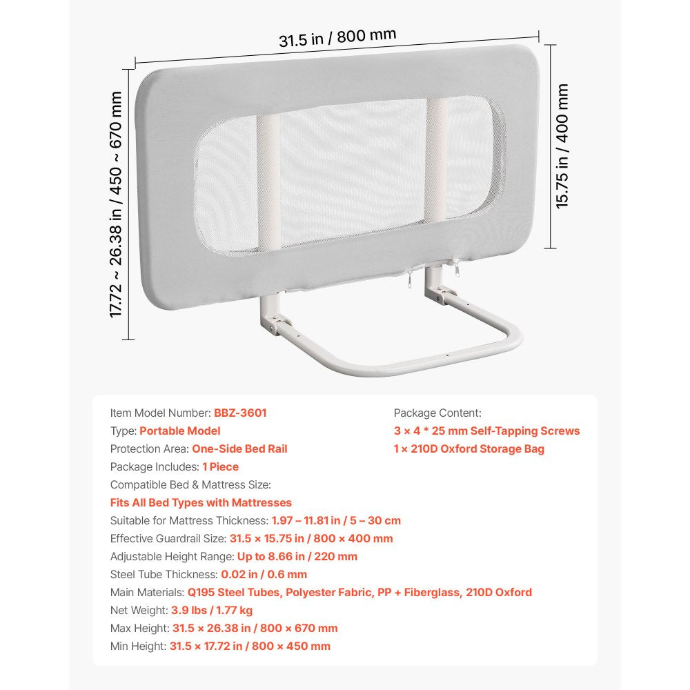 VEVOR Toddler Bed Rail, Kids Beds Guard Rail with Reinforced Iron Pipe and Oxford Cloth, Adjustable Height Bed Side Railing, Portable Guard Bumper Barrier for Crib, Bunk, 31.5 x 26.38 in, 1 Piece