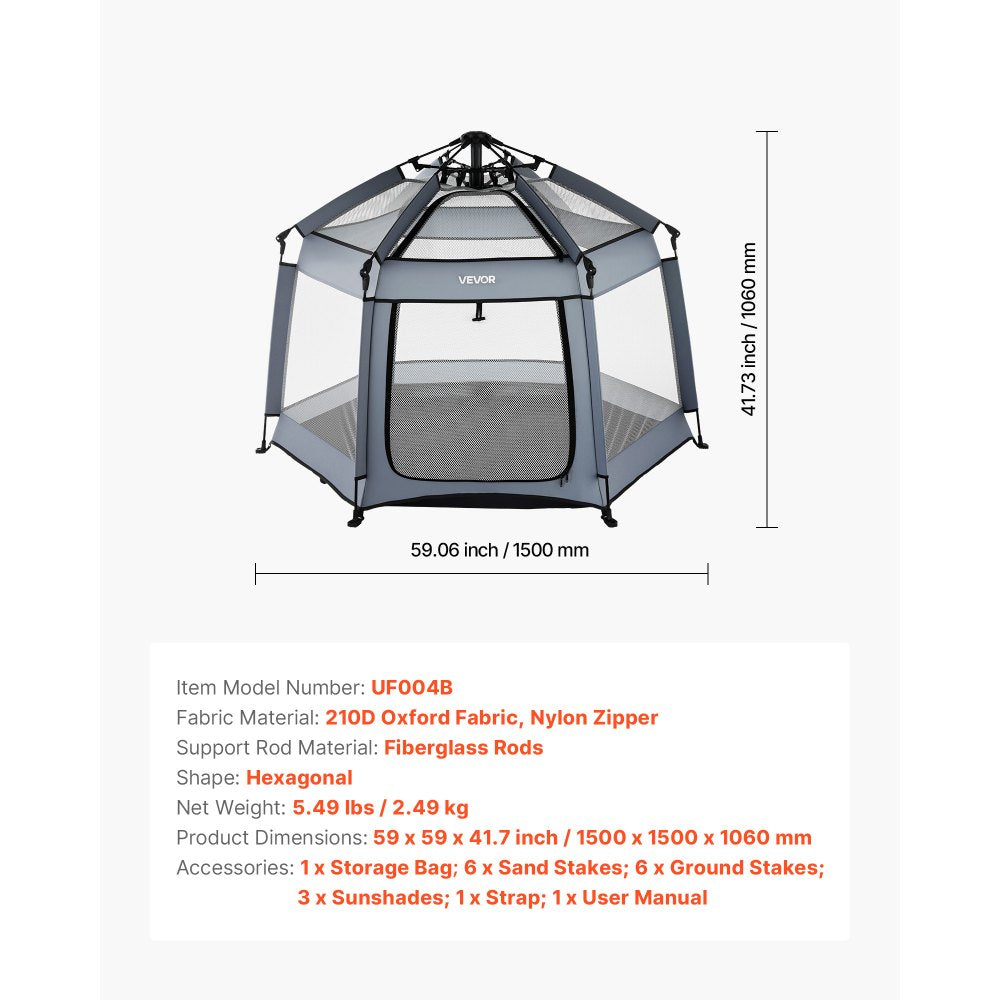 VEVOR Baby Playpen, Pop Up Toddler Playpen with Canopy, Indoor & Outdoor Portable Play Yard for Babies Toddlers with UPF 50+ Sunshades & Travel Bag for Home Park Beach, Foldable and Lightweight