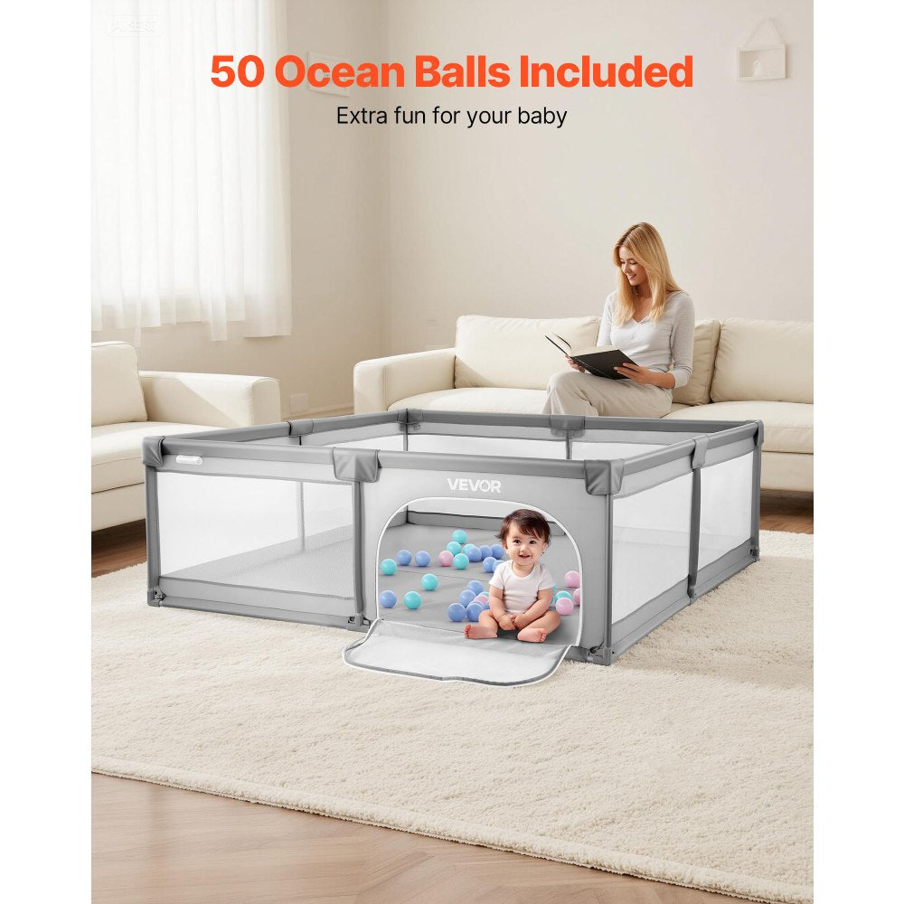 VEVOR Baby Playpen, 78.7″ x 58.7″ Large Toddlers Playpen, Indoor/Outdoor Baby Fence Play Yard with 50 Ocean Balls, Zippered Door & Breathable Mesh, No-Gap Safety Activity Center for Babies Toddlers
