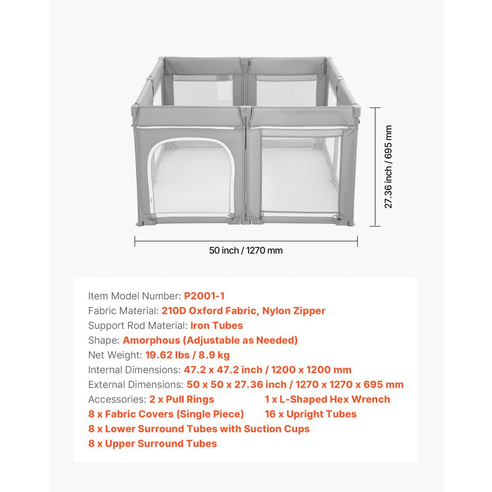 VEVOR Baby Playpen, 47.2″ x 47.2″ Foldable Toddlers Playpen, Indoor/Outdoor Baby Fence Play Yard with Zippered Door & Soft Breathable Mesh, No-Gap Toddlers Activity Center for 6 -24 Months Babies