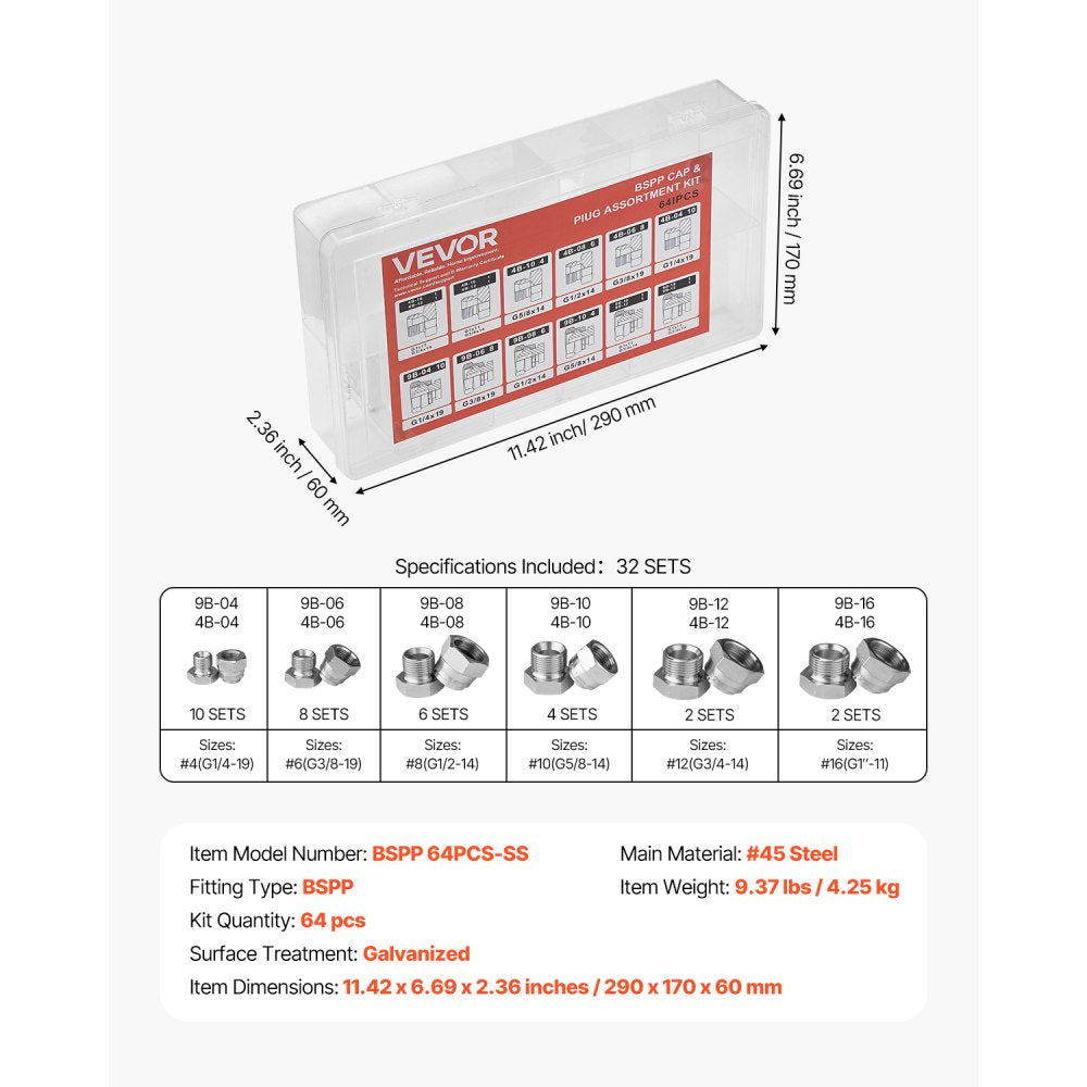 VEVOR 64 PCS BSPP Hydraulic Fittings, Hydraulic Cap and Plug Kit with Precision Threading, Galvanized Steel Heavy Duty Hydraulic Fitting Adapter Kit, Dash Sizes 04/06/08/10/12/16