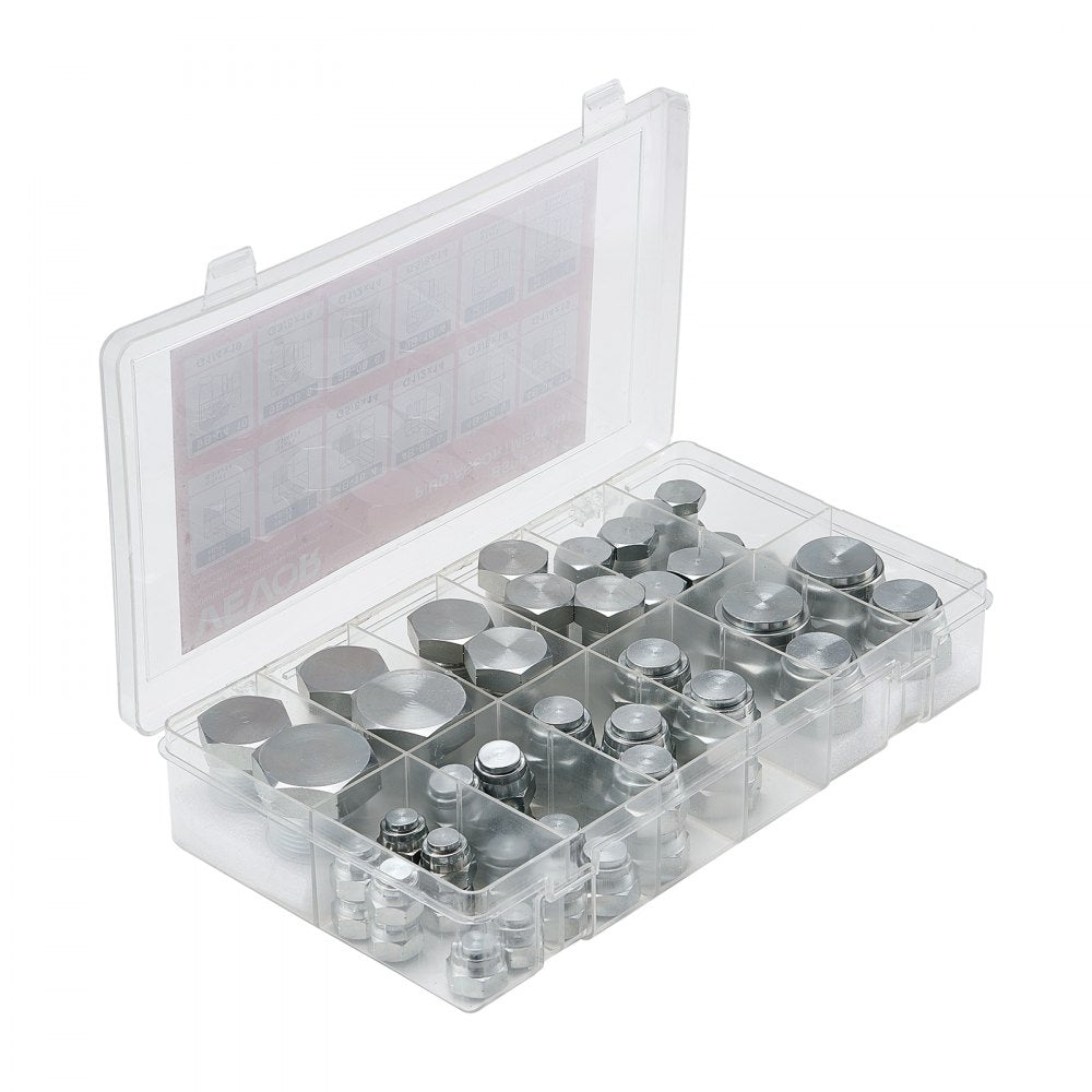 VEVOR 64 PCS BSPP Hydraulic Fittings, Hydraulic Cap and Plug Kit with Precision Threading, Galvanized Steel Heavy Duty Hydraulic Fitting Adapter Kit, Dash Sizes 04/06/08/10/12/16