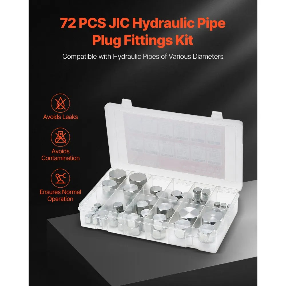 VEVOR 72 PCS JIC Hydraulic Fittings, Heavy Duty Master Industrial Hydraulic Cap and Plug, Hose Tube and Pipe Fitting Kit Cap and Plug Kit Precision Threading in 37° Dash Sizes 4 6 8 10 12 16