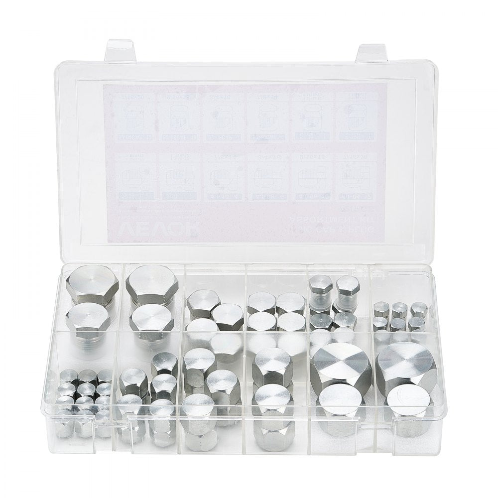 VEVOR 72 PCS JIC Hydraulic Fittings, Heavy Duty Master Industrial Hydraulic Cap and Plug, Hose Tube and Pipe Fitting Kit Cap and Plug Kit Precision Threading in 37° Dash Sizes 4 6 8 10 12 16
