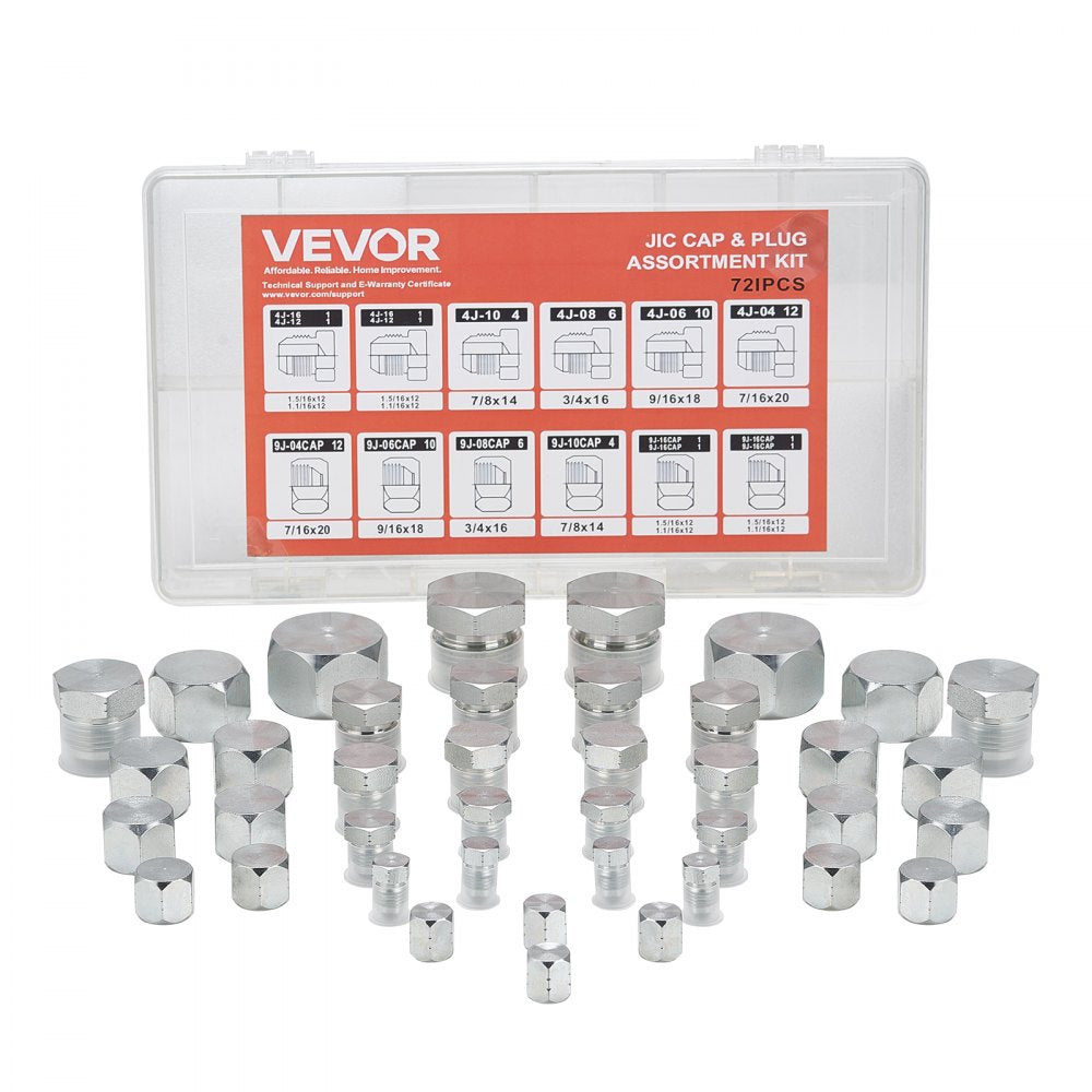 VEVOR 72 PCS JIC Hydraulic Fittings, Heavy Duty Master Industrial Hydraulic Cap and Plug, Hose Tube and Pipe Fitting Kit Cap and Plug Kit Precision Threading in 37° Dash Sizes 4 6 8 10 12 16