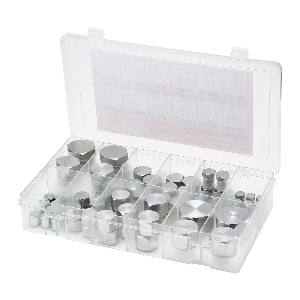 VEVOR 72 PCS JIC Hydraulic Fittings, Heavy Duty Master Industrial Hydraulic Cap and Plug, Hose Tube and Pipe Fitting Kit Cap and Plug Kit Precision Threading in 37° Dash Sizes 4 6 8 10 12 16