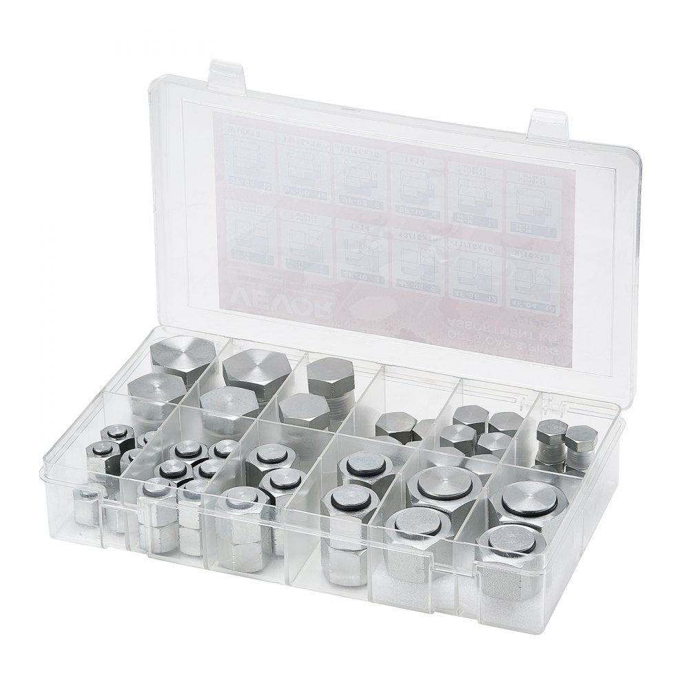 VEVOR 72 PCS ORFS Hydraulic Fittings, O Ring Face Seal Fitting Kit, Hydraulic Hose Tube and Pipe Fittings, Cap and Plug Set for Hydraulics, O Ring Assortment Kit Precision Thread, Sizes 4 6 8 10 12 16
