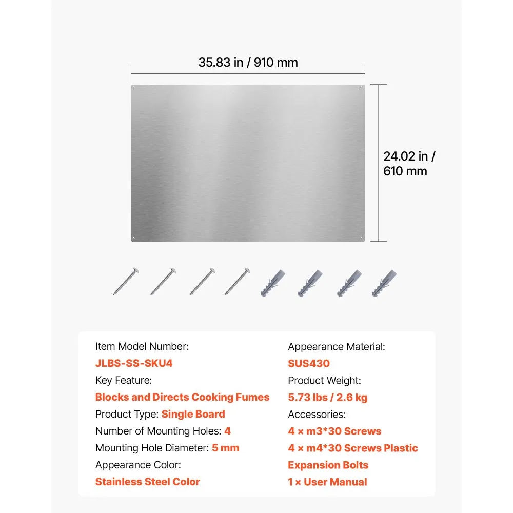 VEVOR 36" x 24" Stainless Steel Backsplash for Stove, Ultra Flat Splatter Guard, Wall Shield Range Hood Backsplash, Easy Clean Kitchen Wall Metal Panel, Pre-Drilled Holes for Easy Installation, Silver