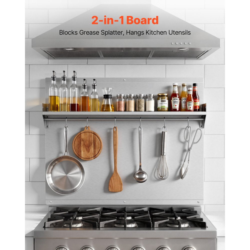 VEVOR 30" x 24" Stainless Steel Backsplash for Stove, Ultra Flat Splatter Guard with Storage Shelf & Hanging Rack, Wall Shield Range Hood Panel, Easy Clean, Pre-Drilled Holes for Easy Installation