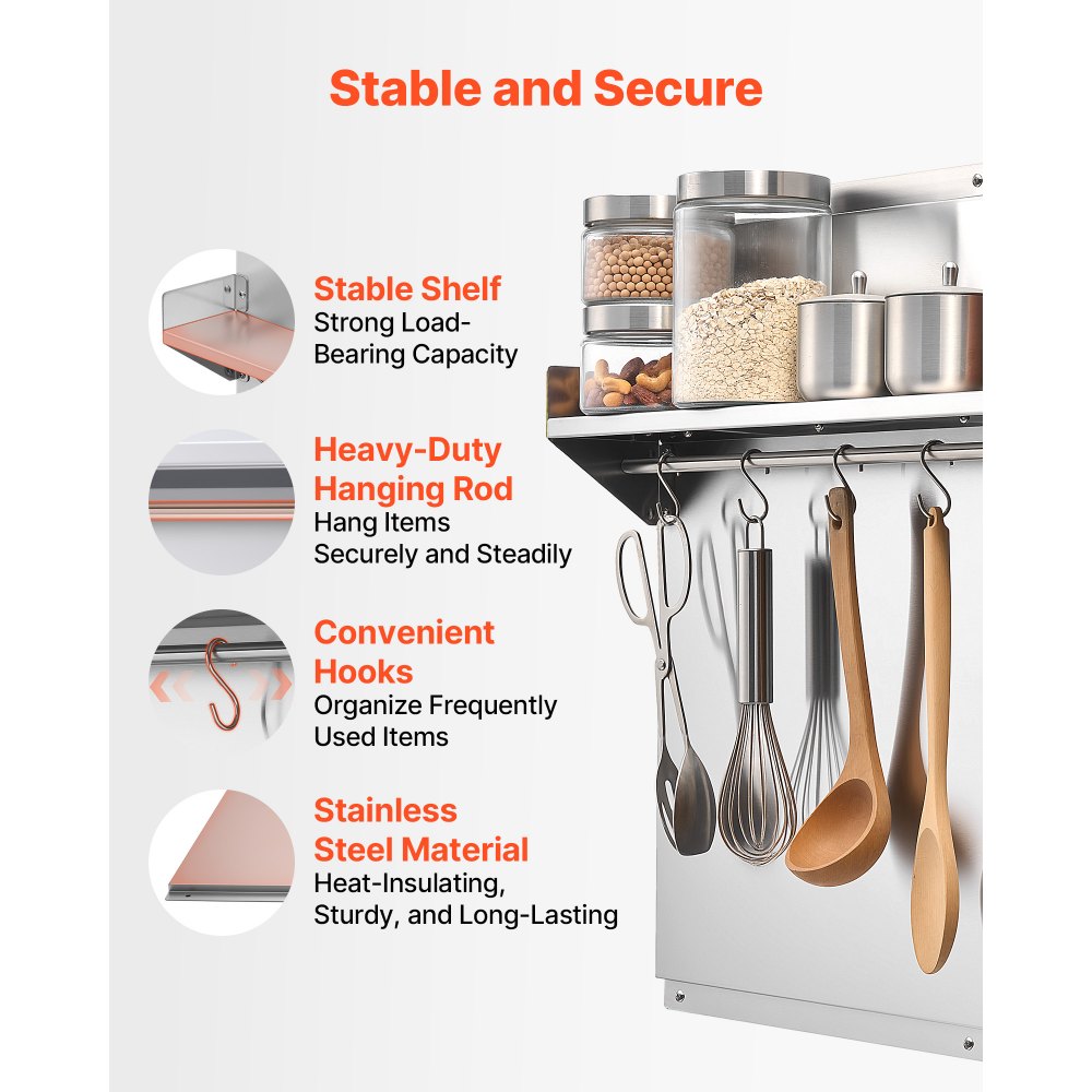 VEVOR 30" x 24" Stainless Steel Backsplash for Stove, Ultra Flat Splatter Guard with Storage Shelf & Hanging Rack, Wall Shield Range Hood Panel, Easy Clean, Pre-Drilled Holes for Easy Installation