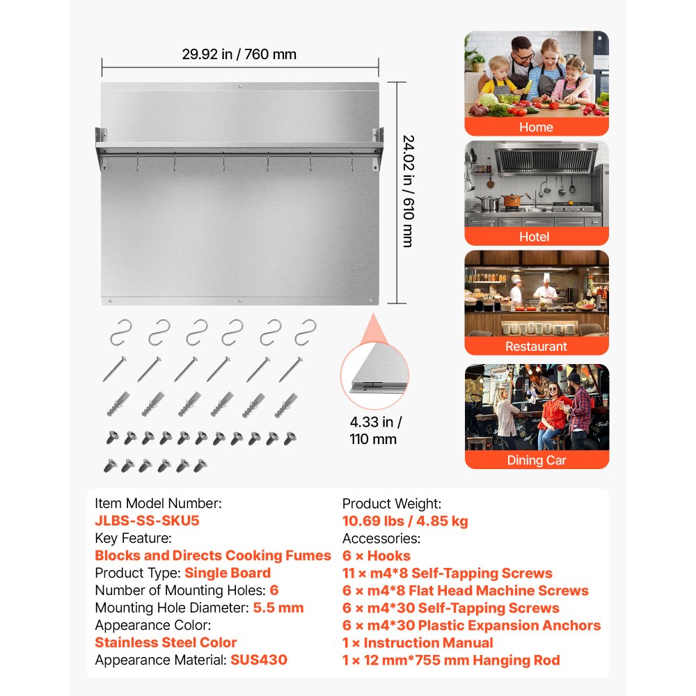 VEVOR 30" x 24" Stainless Steel Backsplash for Stove, Ultra Flat Splatter Guard with Storage Shelf & Hanging Rack, Wall Shield Range Hood Panel, Easy Clean, Pre-Drilled Holes for Easy Installation