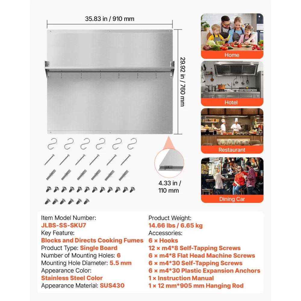 VEVOR 36" x 30" Stainless Steel Backsplash for Stove, Ultra Flat Splatter Guard with Storage Shelf & Hanging Rack, Wall Shield Range Hood Panel, Easy Clean, Pre-Drilled Holes for Easy Installation