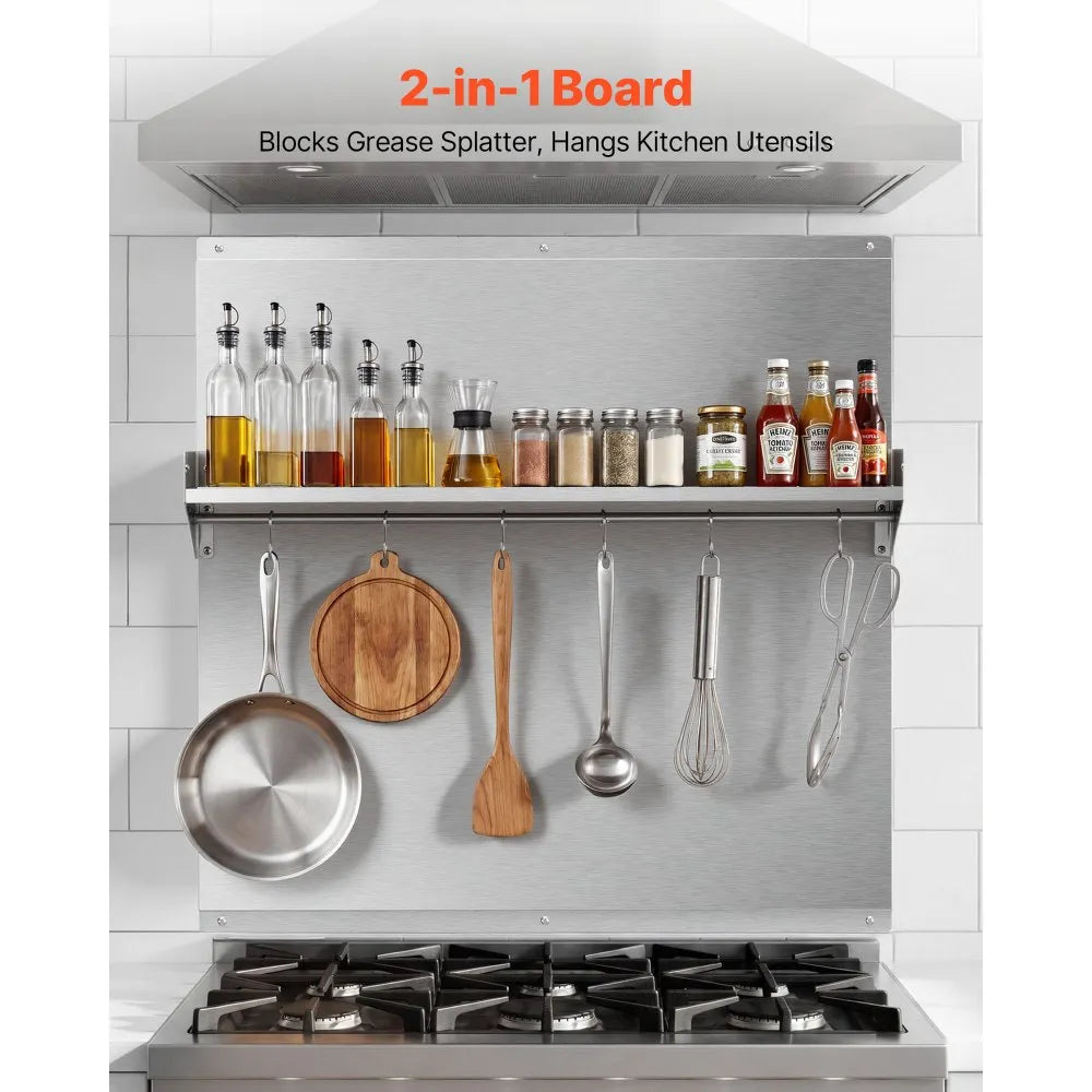 VEVOR 30" x 30" Stainless Steel Backsplash for Stove, Ultra Flat Splatter Guard with Storage Shelf & Hanging Rack, Wall Shield Range Hood Panel, Easy Clean, Pre-Drilled Holes for Easy Installation