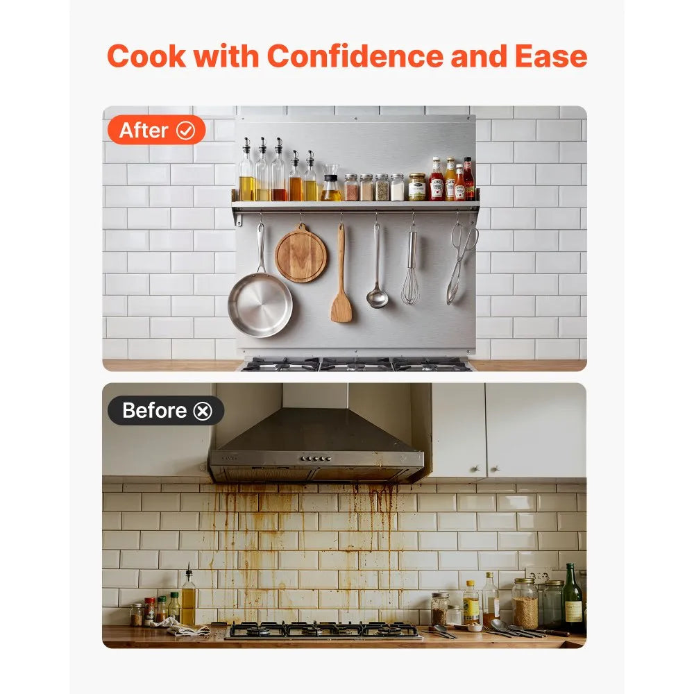 VEVOR 30" x 30" Stainless Steel Backsplash for Stove, Ultra Flat Splatter Guard with Storage Shelf & Hanging Rack, Wall Shield Range Hood Panel, Easy Clean, Pre-Drilled Holes for Easy Installation