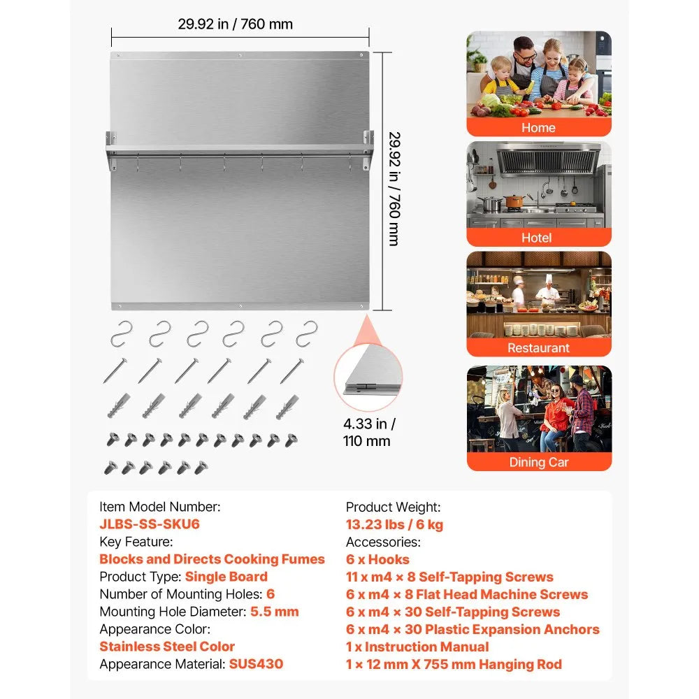 VEVOR 30" x 30" Stainless Steel Backsplash for Stove, Ultra Flat Splatter Guard with Storage Shelf & Hanging Rack, Wall Shield Range Hood Panel, Easy Clean, Pre-Drilled Holes for Easy Installation