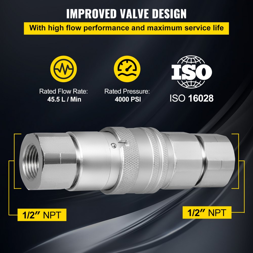 VEVOR Hydraulic Coupler 1/2 Body with 1/2" NPT Thread 27.6 MPa Hydraulic Quick Connect 4 Pairs Hydraulic Coupling Quick Connect 45.5 L/min Hydraulic Quick Coupler