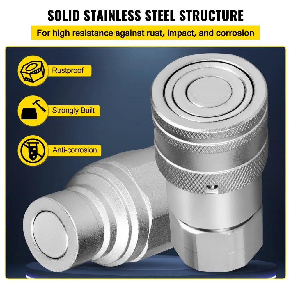 VEVOR Hydraulic Coupler 1/2 Body with 1/2" NPT Thread 27.6 MPa Hydraulic Quick Connect 4 Pairs Hydraulic Coupling Quick Connect 45.5 L/min Hydraulic Quick Coupler