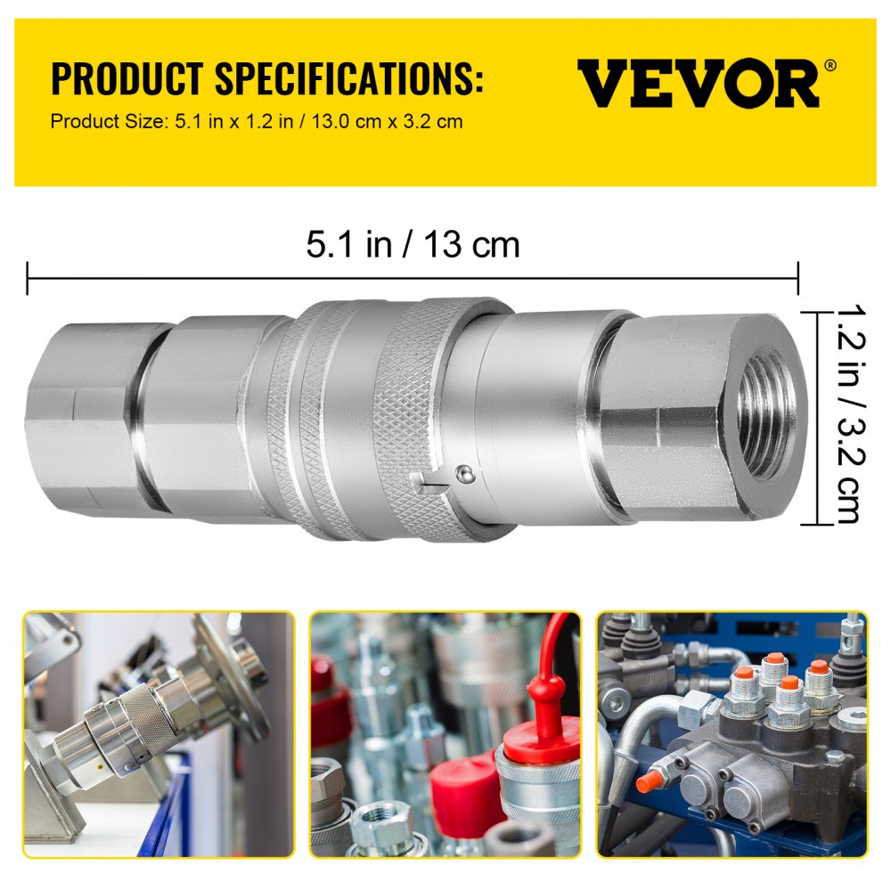 VEVOR Hydraulic Coupler 1/2 Body with 1/2" NPT Thread 27.6 MPa Hydraulic Quick Connect 4 Pairs Hydraulic Coupling Quick Connect 45.5 L/min Hydraulic Quick Coupler