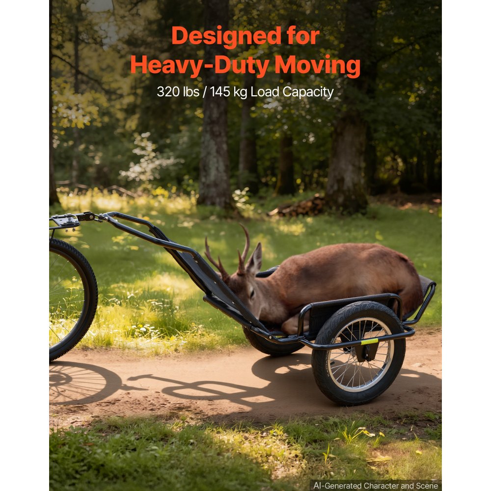 VEVOR Bike Cargo Trailer 320 lbs Load Heavy-Duty Bicycle Game Cart Foldable, All-Purpose Utility Trailer with 16-Inch Wheels for Any Terrain, Off-Road, Carbon Steel Frame, Fits 22-28 in Bike Wheels