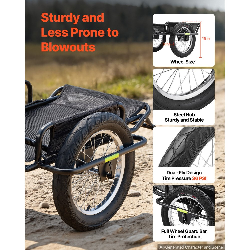 VEVOR Bike Cargo Trailer 320 lbs Load Heavy-Duty Bicycle Game Cart Foldable, All-Purpose Utility Trailer with 16-Inch Wheels for Any Terrain, Off-Road, Carbon Steel Frame, Fits 22-28 in Bike Wheels