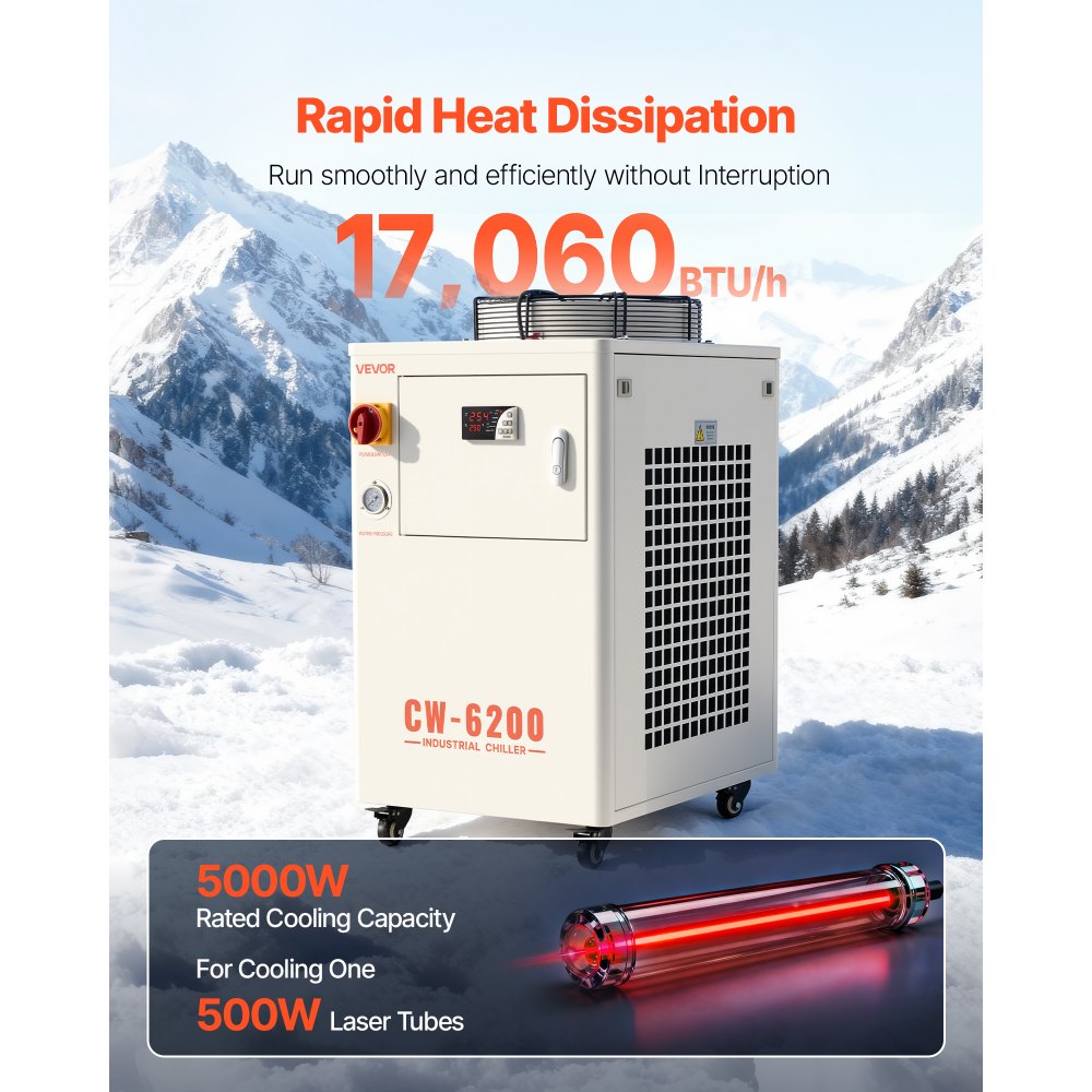 VEVOR Industrial Water Chiller, 17,060 BTU/h, Industrial Water Cooler Cooling System with Compressor, 3.96  Gal Tank Capacity, 18.5 GPM Max Flow Rate, for CO2 Laser Tube Engraving & Cutting Machine