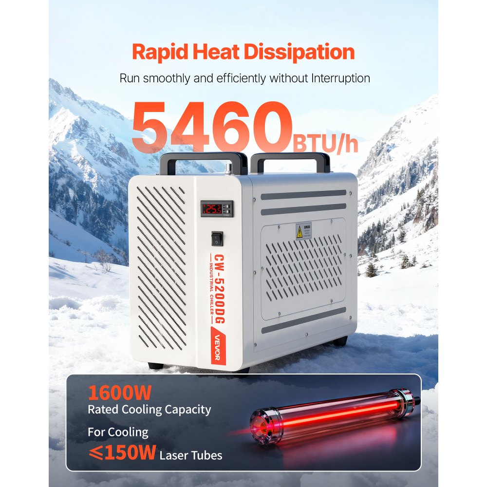 VEVOR Industrial Water Chiller, 5460 BTU/h, Industrial Water Cooler Cooling System with Compressor, 1.8  Gal Tank Capacity, 3.4 GPM Max Flow, Laser Chiller, for CO2 Laser Engraving & Cutting Machine