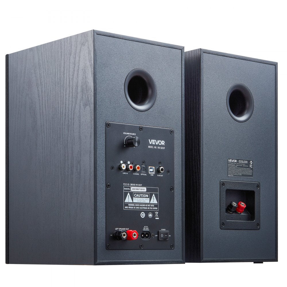 VEVOR Powered Bookshelf Speakers, 25W x 2, Active Studio Monitor Speaker with 5.25 Inch Woofer, Bluetooth/RCA/Coaxial/Optical/USB/Subwoofer Connection, Wooden Enclosure, for Record Player Turntable PC