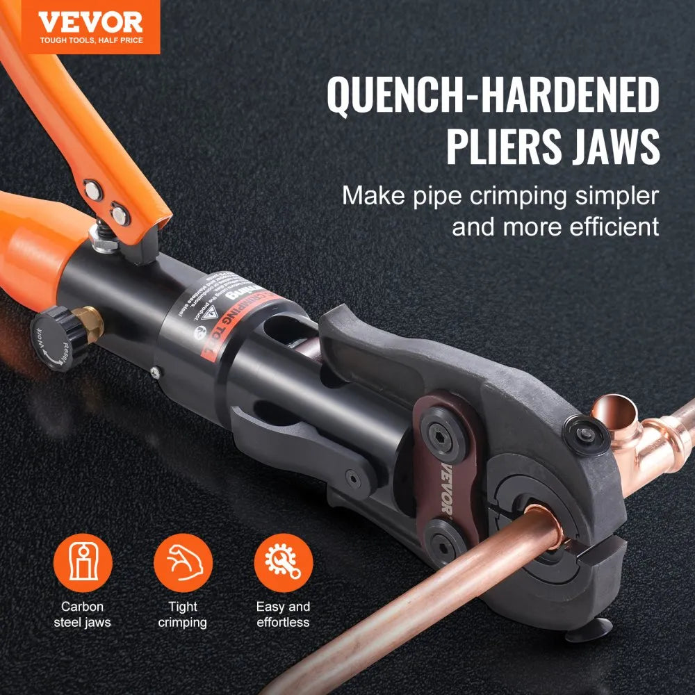 VEVOR Copper Pipe Crimping Tool, Hydraulic Driven Press Tool with 1/2", 3/4", 1" Jaws for VUS Type Copper Pipes and  3/8", 1/2", 5/8", 3/4", 1" Jaws for ASTM F1807 Pex Pipe Copper Ring